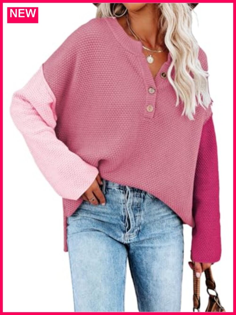 Oversized Batwing Long Sleeve V-Neck Henley Sweater, Soft Waffle Knit Pullover